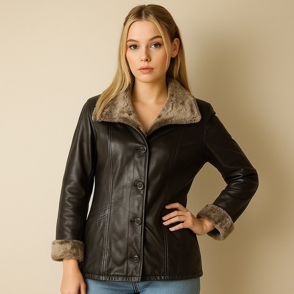 DANIER Vintage Black Leather Faux Fur Lined Y2K Jacket Coat XS - Picture 2 of 16